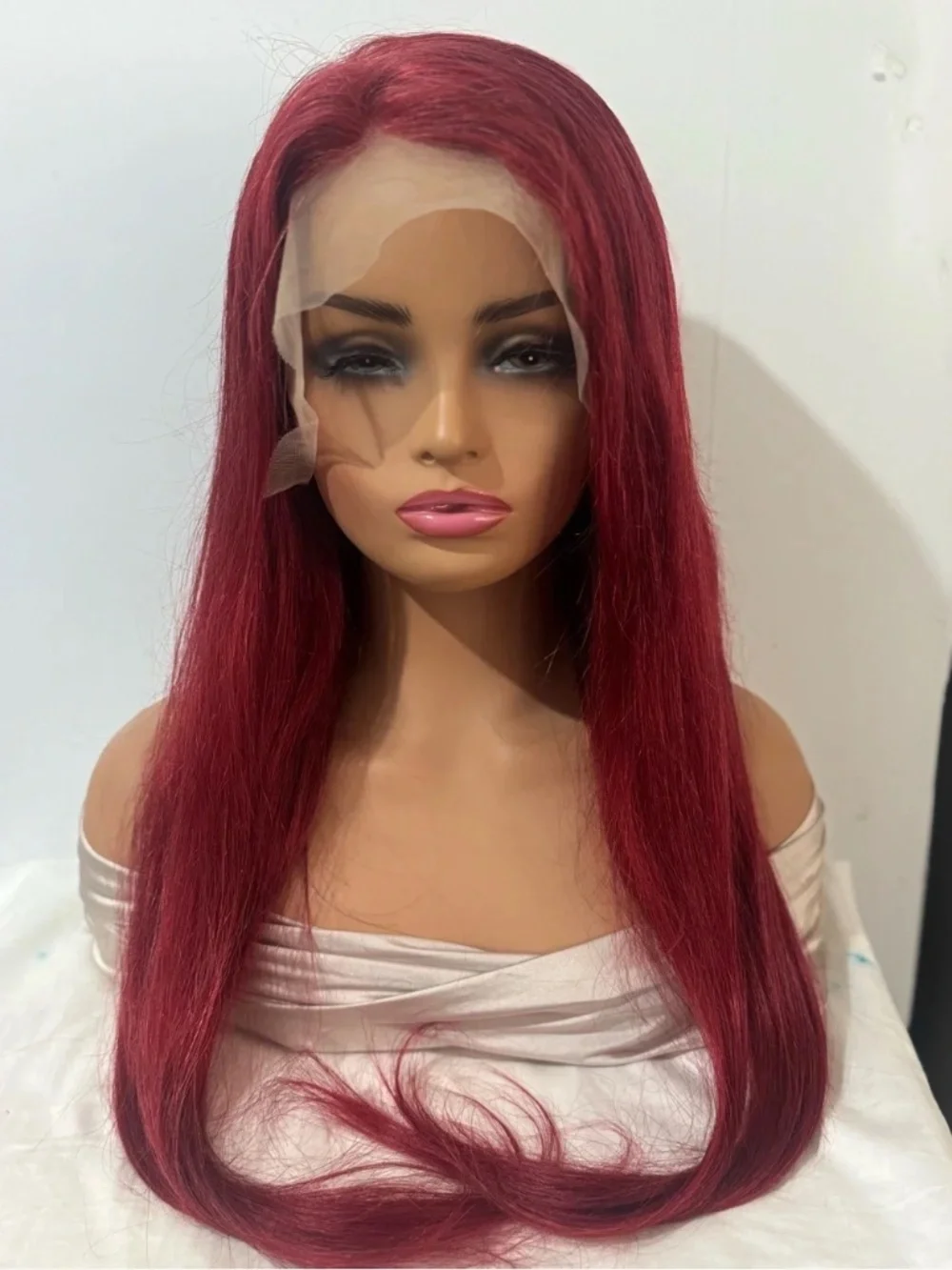 100% Human Hair Burgundy Red Lace Front Wig Long Straight Hair 24 in
